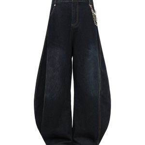 Wide-Leg Curved Pants with Chain Decoration - American Street Style Coating Denim, Trendy 90s-Inspired Look