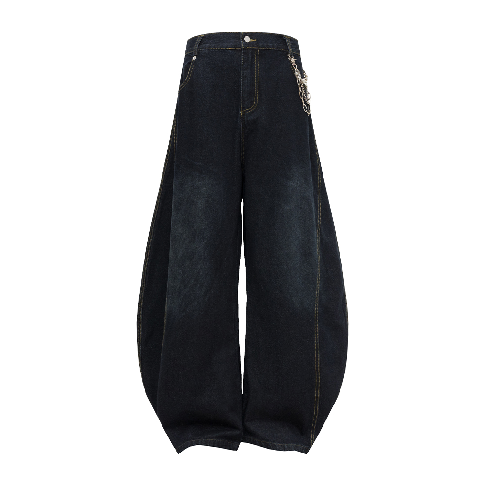 Wide-Leg Curved Pants with Chain Decoration - American Street Style Coating Denim, Trendy 90s-Inspired Look