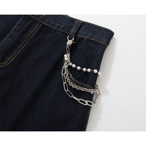 Wide-Leg Curved Pants with Chain Decoration - American Street Style Coating Denim, Trendy 90s-Inspired Look