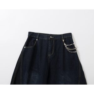 Wide-Leg Curved Pants with Chain Decoration - American Street Style Coating Denim, Trendy 90s-Inspired Look