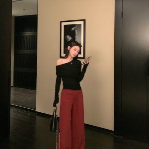 Wide-Leg Drawstring Casual Pants for Women - Minimalist Floor-Length Draped Sweatpants - Winter 370G Comfort Style