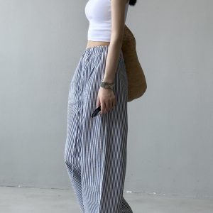 Wide-Leg Striped Casual Pants for Women - High-End Draped Fit Summer 2025, Relaxed Old-Money Style