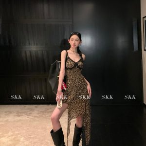 Wild Hot Girl American Vintage Leopard Print Lace Dress - Women's Long Summer Dress 2025, Trendy Y2K Style