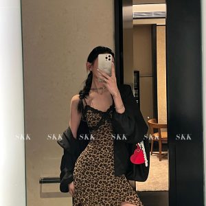 Wild Hot Girl American Vintage Leopard Print Lace Dress - Women's Long Summer Dress 2025, Trendy Y2K Style