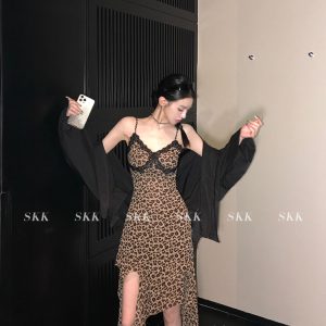 Wild Hot Girl American Vintage Leopard Print Lace Dress - Women's Long Summer Dress 2025, Trendy Y2K Style