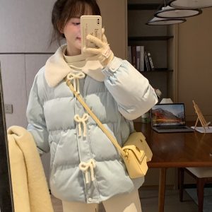 Winter Blue Bow Design Thick Slimming Cotton Jacket for Women - Cozy Chic Outerwear