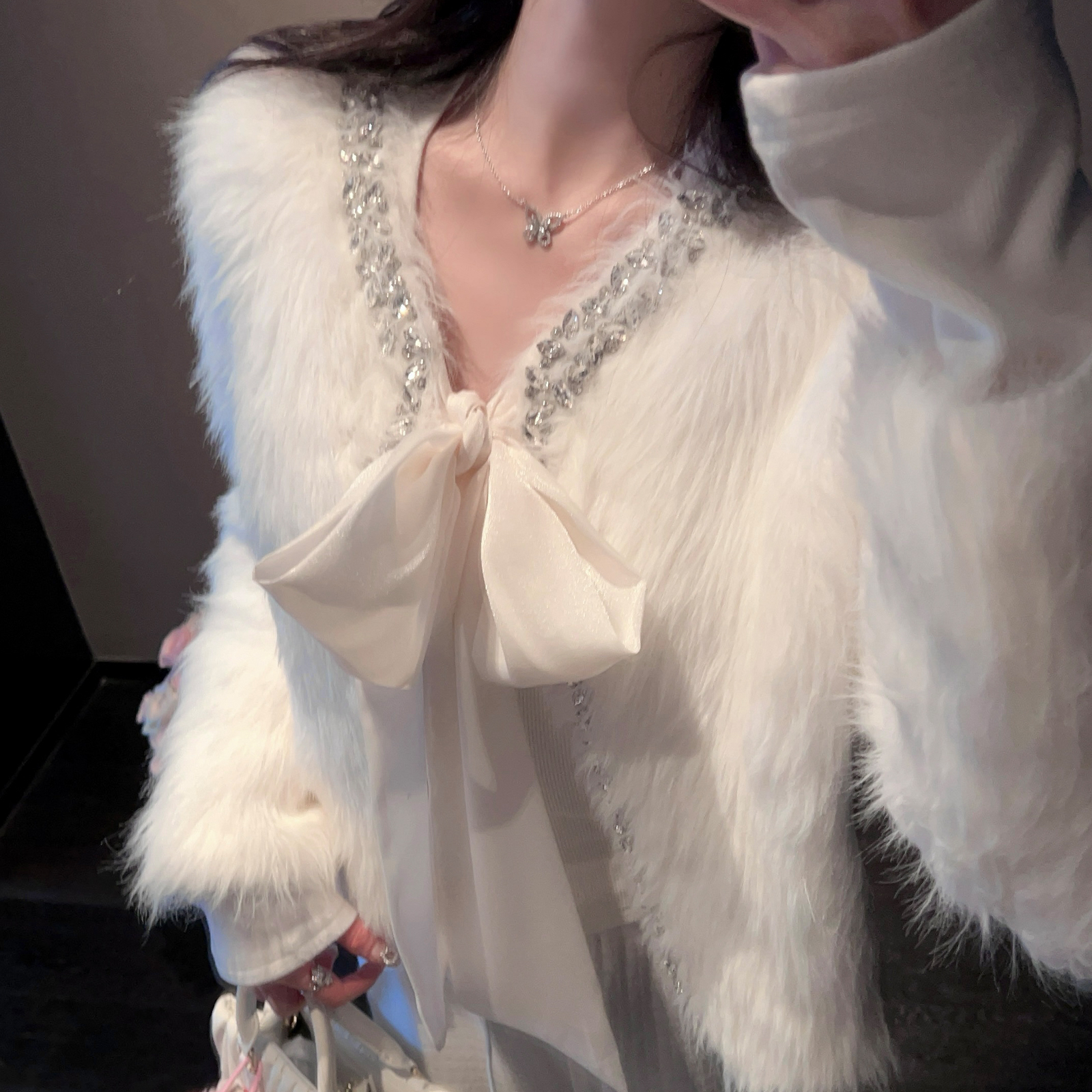 Winter Bowknot White Eco-Friendly Fur Coat Women's Heavy-Duty Soft Knitted Cardigan Sweater for Cozy Y2K Style