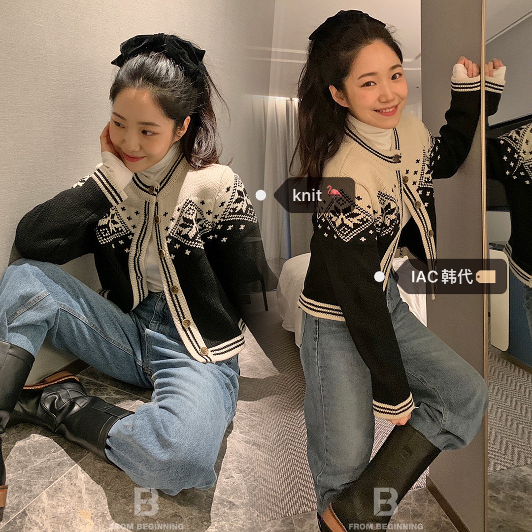 Winter Christmas Snowflake Color Hook Flower Knitted Cardigan - Korean Style Cozy Layering Piece