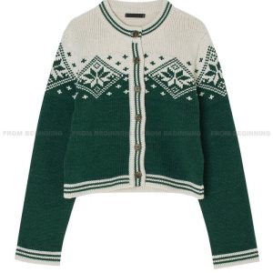 Winter Christmas Snowflake Color Hook Flower Knitted Cardigan - Korean Style Cozy Layering Piece