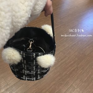 Winter Limited Edition Rabbit Fur Crossbody Bucket Handbag - Woolen Bag with Rabbit's Small Tail - Unique Collaboration Design