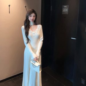 Winter V-neck Halter White Knitted Dress - Long Waist-Defining Sweater Dress for Chic Winter Style