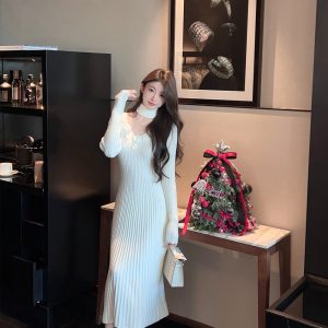 Winter V-neck Halter White Knitted Dress - Long Waist-Defining Sweater Dress for Chic Winter Style