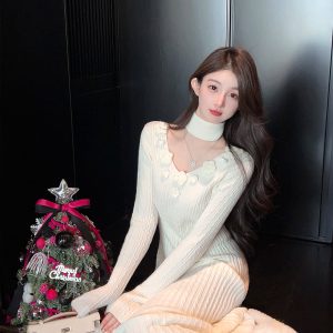 Winter V-neck Halter White Knitted Dress - Long Waist-Defining Sweater Dress for Chic Winter Style