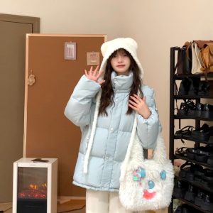 Winter White Duck Down Hooded Couple Jacket - Thick Warm Slim Fit Color Block Coat for Women, Perfect for Y2K Style