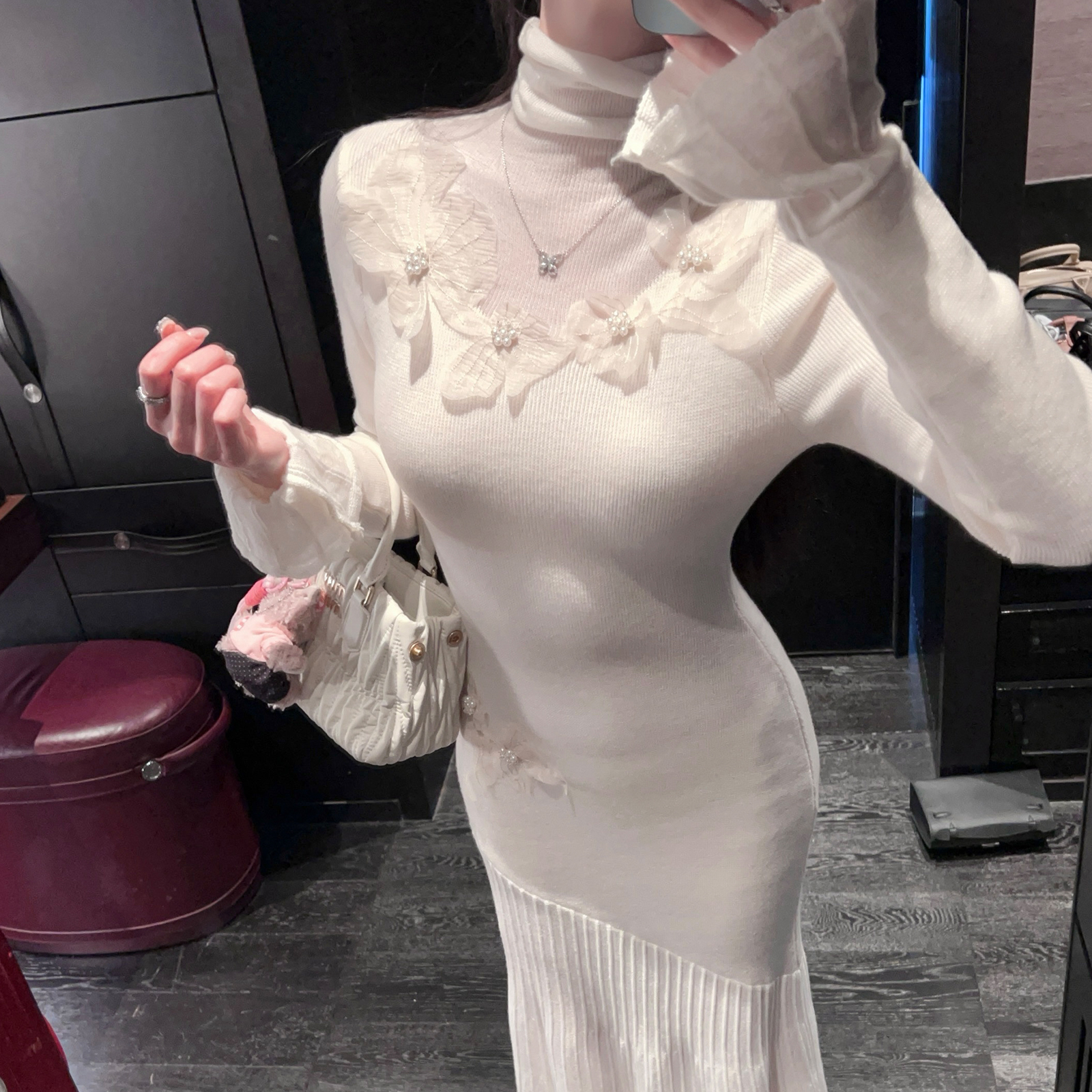 Winter White High Neck Wool Knitted Dress with Mesh Mermaid Skirt - Long Knee-Length Sweater Dress for Y2K and Korean Style Looks