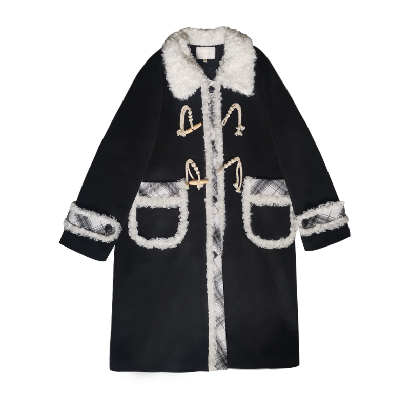 Women's 2023 Winter Mid-Length Black and White Plaid Woolen Coat - Pudding Bear JK Uniform Style