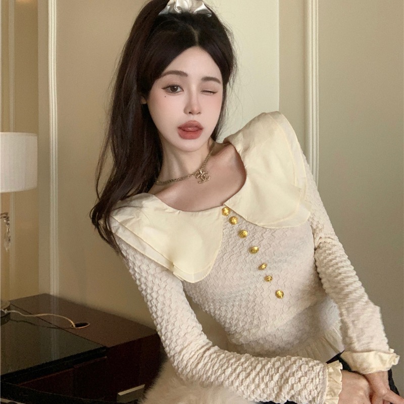 Women's 2024 Spring Doll Collar Knitted Sweater Top, Stylish Slim Fit, Unique Design for Petite, Y2K Fashion