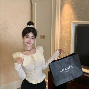 Women's 2024 Spring Doll Collar Knitted Sweater Top, Stylish Slim Fit, Unique Design for Petite, Y2K Fashion