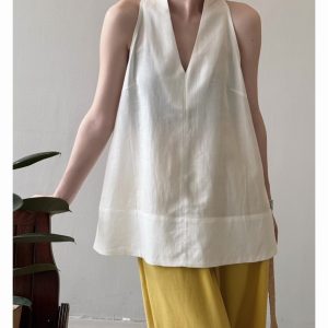 Women's 2025 Summer High-Grade Linen Tencel V-Neck Sleeveless Vest Top - Thin, Breathable Mid-Length Shirt