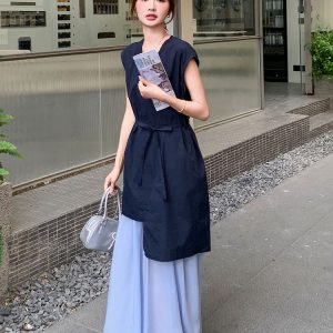 Women's 2025 Summer V-Neck Two-Piece Sling Dress Set, Loose Fit Casual Style, Trendy Summer Fashion