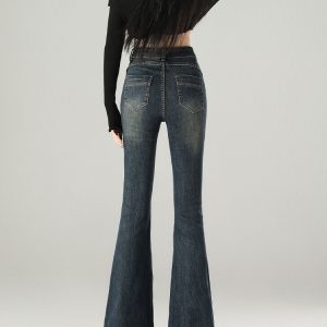 Women's American Retro Fleece-Lined Flared Jeans, Spliced Stretchy Slimming Draped Pants for Autumn Winter 2024