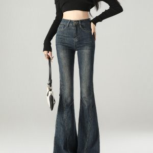 Women's American Retro Fleece-Lined Flared Jeans, Spliced Stretchy Slimming Draped Pants for Autumn Winter 2024