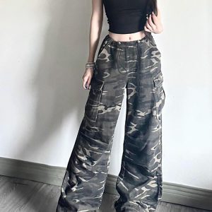 Women's American-Style Camouflage Denim Work Pants, Drawstring Loose Wide-Leg Casual Sports Trousers