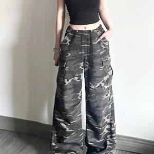 Women's American-Style Camouflage Denim Work Pants, Drawstring Loose Wide-Leg Casual Sports Trousers