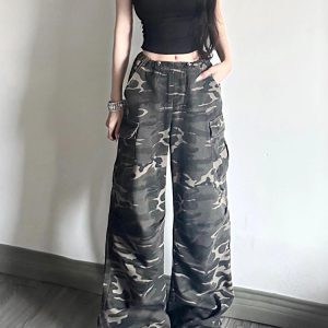 Women's American-Style Camouflage Denim Work Pants, Drawstring Loose Wide-Leg Casual Sports Trousers