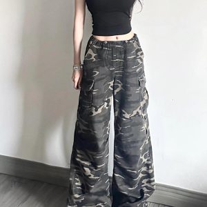Women's American-Style Camouflage Denim Work Pants, Drawstring Loose Wide-Leg Casual Sports Trousers