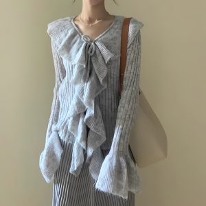 Women's Autumn Lotus Leaf Lace Collar Knitted Cardigan and Camisole Dress Two-Piece Set - Lightweight Layering for Chic Style