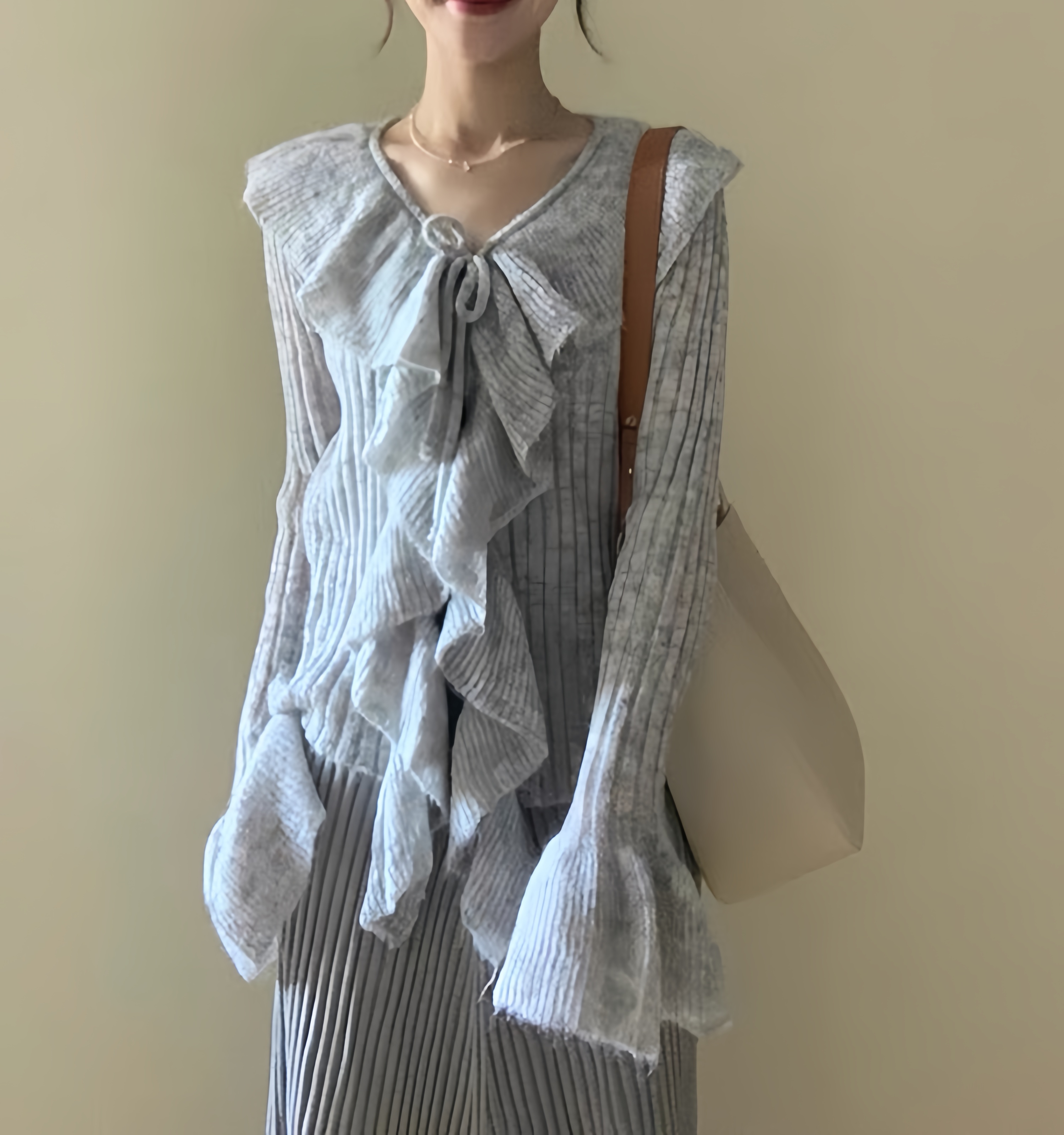 Women's Autumn Lotus Leaf Lace Collar Knitted Cardigan and Camisole Dress Two-Piece Set - Lightweight Layering for Chic Style