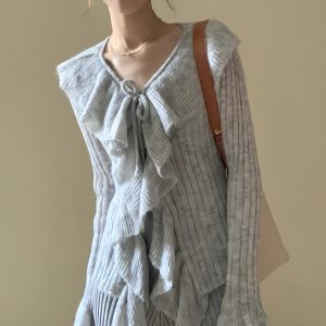Women's Autumn Lotus Leaf Lace Collar Knitted Cardigan and Camisole Dress Two-Piece Set - Lightweight Layering for Chic Style