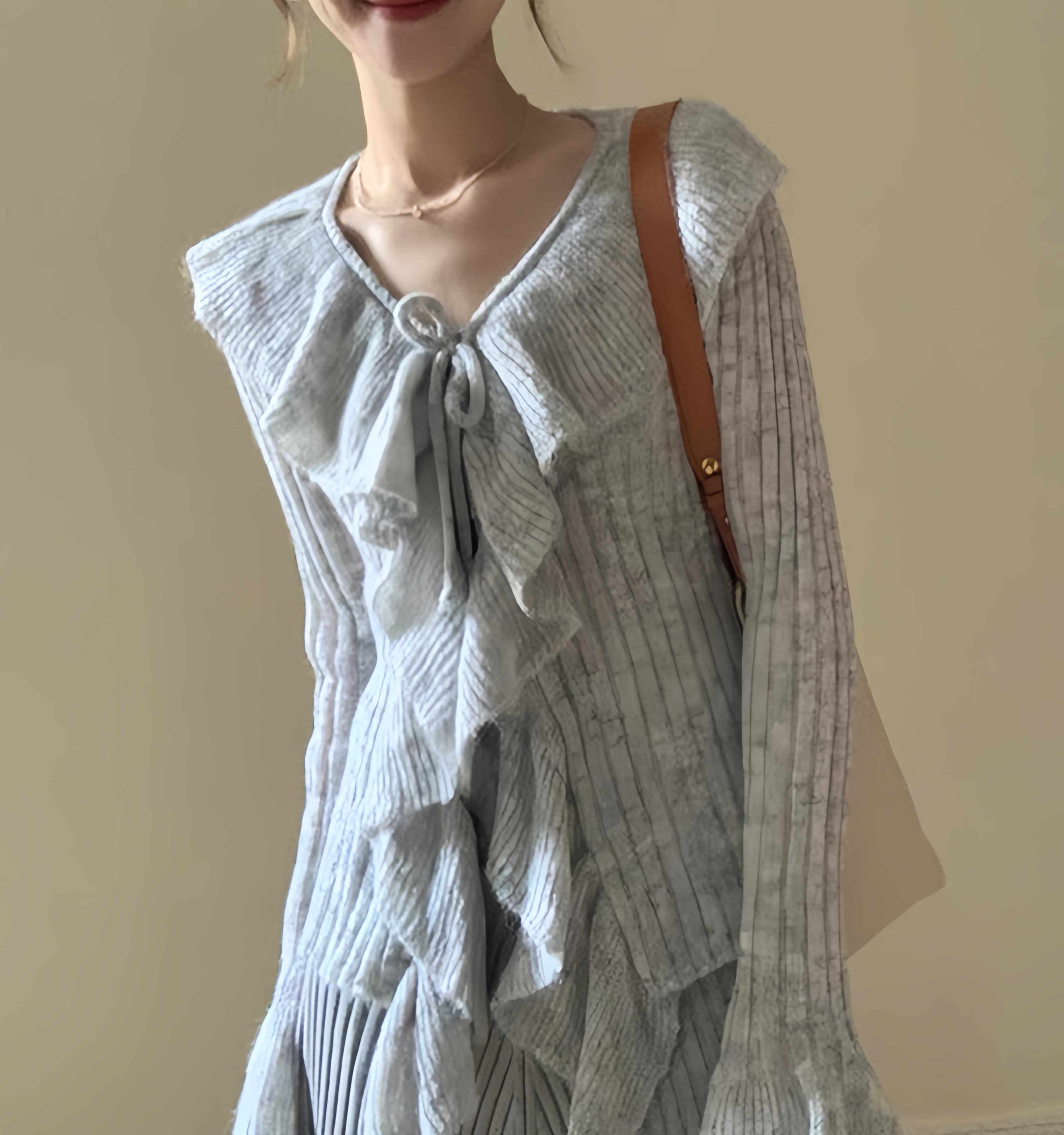 Women's Autumn Lotus Leaf Lace Collar Knitted Cardigan and Camisole Dress Two-Piece Set - Lightweight Layering for Chic Style