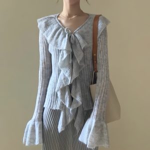 Women's Autumn Lotus Leaf Lace Collar Knitted Cardigan and Camisole Dress Two-Piece Set - Lightweight Layering for Chic Style