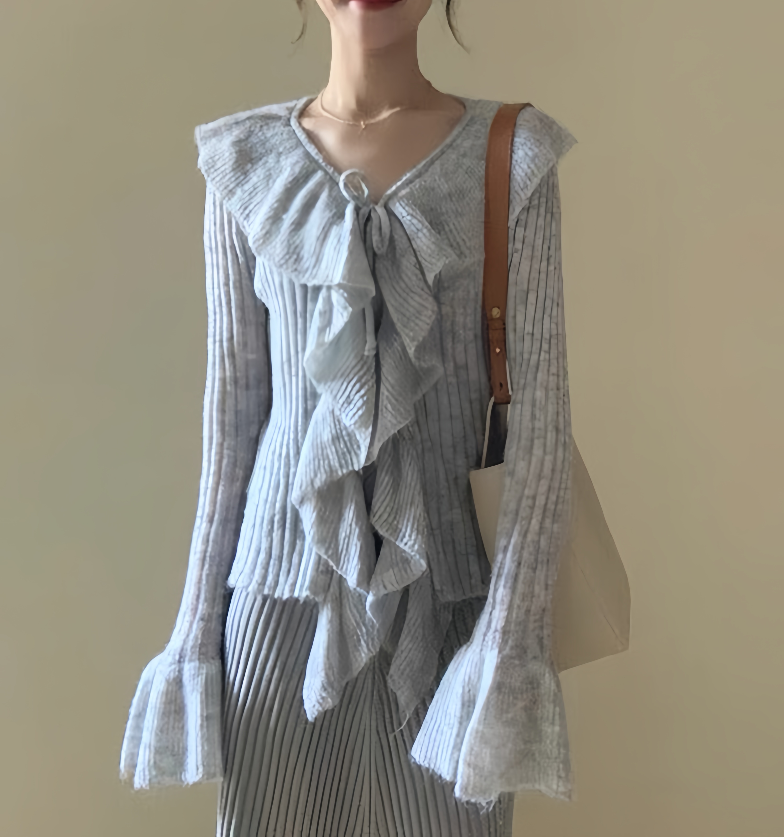 Women's Autumn Lotus Leaf Lace Collar Knitted Cardigan and Camisole Dress Two-Piece Set - Lightweight Layering for Chic Style