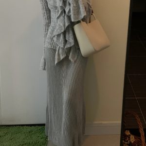 Women's Autumn Lotus Leaf Lace Collar Knitted Cardigan and Camisole Dress Two-Piece Set - Lightweight Layering for Chic Style