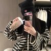 Women's Black and White Striped Tie V-Neck Sweater with Detachable Fur Collar, Autumn Winter Curly Knit Top, Cozy Y2K Style