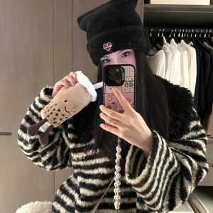 Women's Black and White Striped Tie V-Neck Sweater with Detachable Fur Collar, Autumn Winter Curly Knit Top, Cozy Y2K Style
