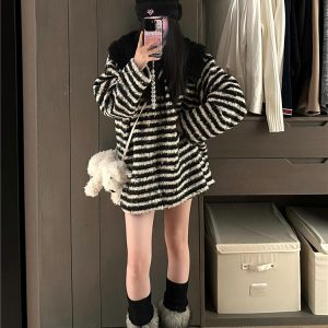 Women's Black and White Striped Tie V-Neck Sweater with Detachable Fur Collar, Autumn Winter Curly Knit Top, Cozy Y2K Style