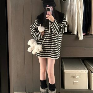 Women's Black and White Striped Tie V-Neck Sweater with Detachable Fur Collar, Autumn Winter Curly Knit Top, Cozy Y2K Style