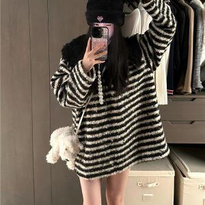Women's Black and White Striped Tie V-Neck Sweater with Detachable Fur Collar, Autumn Winter Curly Knit Top, Cozy Y2K Style