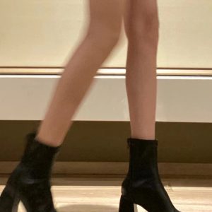 Women's Black Chunky Heel Short Boots - Waterproof Platform Martin Boots with Square Toe & Back Zipper for Autumn/Winter 2023