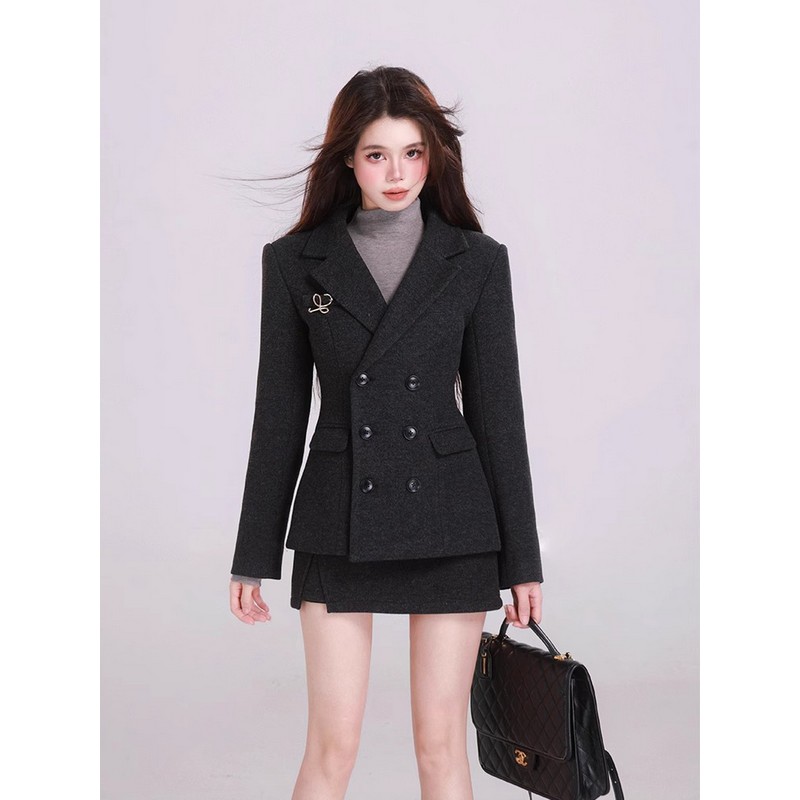 Women's Black Fitted Waist Woolen Suit Jacket and Skirt Set, High-End Winter Ensemble with Short Skirt, Classic Style