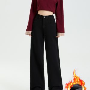 Women's Black Fleece-Lined Straight-Leg Jeans, Slim-Fit, Height-Enhancing, Floor-Length - 2024 Autumn Winter Style