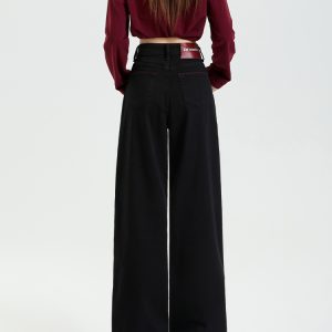 Women's Black Fleece-Lined Straight-Leg Jeans, Slim-Fit, Height-Enhancing, Floor-Length - 2024 Autumn Winter Style