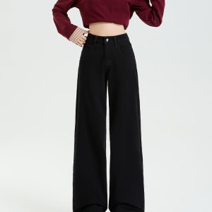 Women's Black Fleece-Lined Straight-Leg Jeans, Slim-Fit, Height-Enhancing, Floor-Length - 2024 Autumn Winter Style