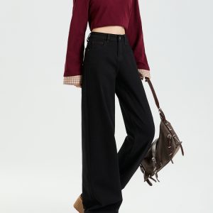 Women's Black Fleece-Lined Straight-Leg Jeans, Slim-Fit, Height-Enhancing, Floor-Length - 2024 Autumn Winter Style