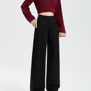 Women's Black Fleece-Lined Straight-Leg Jeans, Slim-Fit, Height-Enhancing, Floor-Length - 2024 Autumn Winter Style