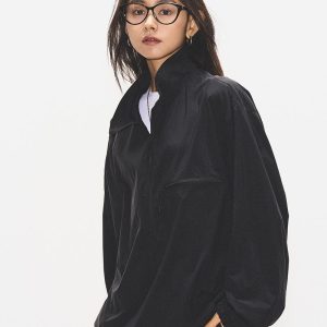 Women's Black Half-Zip Windbreaker Jacket - American Style Outdoor Sports Top for Cycling and Hiking, Casual Activewear